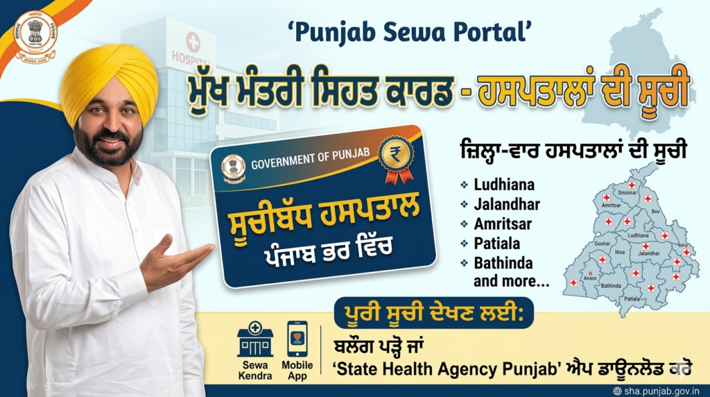 ਹਸਪਤਾਲਾਂ ਦੀ ਲਿਸਟ "Mukh Mantri Sehat Card Hospital List Punjab" 10 ਲੱਖ ਦਾ ਮੁਫ਼ਤ ਇਲਾਜ ਕਰਨ ਵਾਲੇ ਸਾਰੇ ਹਸਪਤਾਲਾਂ ਦੀ ਪੂਰੀ ਲਿਸਟ (ਆਪਣੇ ਜ਼ਿਲ੍ਹੇ ਮੁਤਾਬਕ ਦੇਖੋ) Mukh Mantri Sehat Card Hospital List Punjab