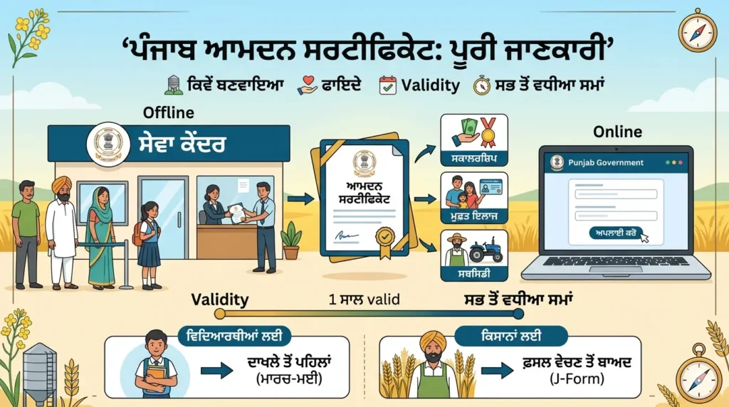 ਪੰਜਾਬ ਵਿੱਚ ਆਮਦਨ ਸਰਟੀਫਿਕੇਟ (Income Certificate) ਕਿਵੇਂ ਬਣਵਾਈਏ? ਸਰਟੀਫੀਕੇਟ ਬਣਵਾਉਣ ਦਾ ਸਭ ਤੋਂ ਵਧੀਆ ਸਮਾਂ! ਆਨਲਾਈਨ ਅਪਲਾਈ ਦਾ ਪੂਰਾ ਤਰੀਕਾ (2026) ਪੰਜਾਬ ਆਮਦਨ ਸਰਟੀਫਿਕੇਟ ਆਨਲਾਈਨ ਅਪਲਾਈ ਪ੍ਰਕਿਰਿਆ ਅਤੇ ਜ਼ਰੂਰੀ ਦਸਤਾਵੇਜ਼
