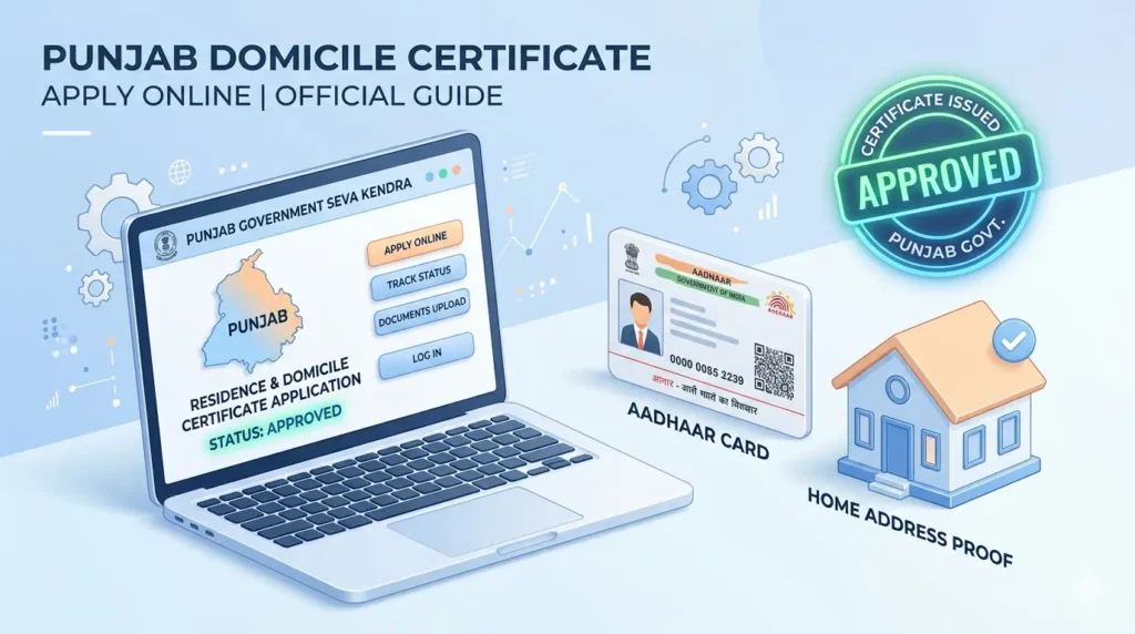 ਪੰਜਾਬ ਰਿਹਾਇਸ਼ੀ /ਡੋਮੀਸਾਈਲ ਸਰਟੀਫਿਕੇਟ (RESIDENCE CERTIFICATE) ਕਿਵੇਂ ਬਣਵਾਈਏ? ਜਰੂਰੀ ਦਸਤਾਵੇਜ਼ ਅਤੇ ਪੂਰਾ ਤਰੀਕਾ 2026 ਪੰਜਾਬ ਡੋਮੀਸਾਈਲ ਅਤੇ ਰਿਹਾਇਸ਼ੀ ਸਰਟੀਫਿਕੇਟ ਲਈ ਜ਼ਰੂਰੀ ਦਸਤਾਵੇਜ਼ ਅਤੇ ਆਨਲਾਈਨ ਅਪਲਾਈ ਪ੍ਰਕਿਰਿਆ
