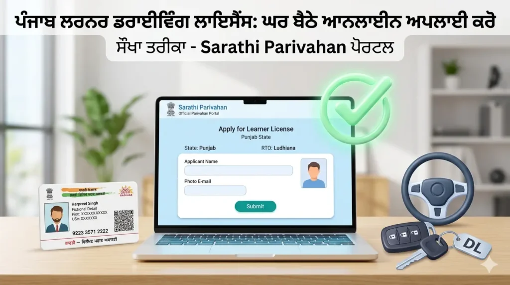 ਪੰਜਾਬ ਵਿੱਚ ਲਰਨਿੰਗ ਲਾਈਸੈਂਸ (learning licence) ਘਰ ਬੈਠੇ ਕਿਵੇਂ ਬਣਾਈਏ? ਜਾਣੋ ਆਨਲਾਈਨ ਸਾਰਥੀ ਪੋਰਟਲ ਰਾਹੀਂ ਅਪਲਾਈ ਕਰਨ ਦਾ ਪੂਰਾ ਤਰੀਕਾ (2026) ਪੰਜਾਬ ਲਰਨਿੰਗ ਲਾਇਸੈਂਸ ਆਨਲਾਈਨ ਅਪਲਾਈ ਸਾਰਥੀ ਪੋਰਟਲ (Sarathi Portal) ਪ੍ਰਕਿਰਿਆ ਅਤੇ ਜ਼ਰੂਰੀ ਦਸਤਾਵੇਜ਼