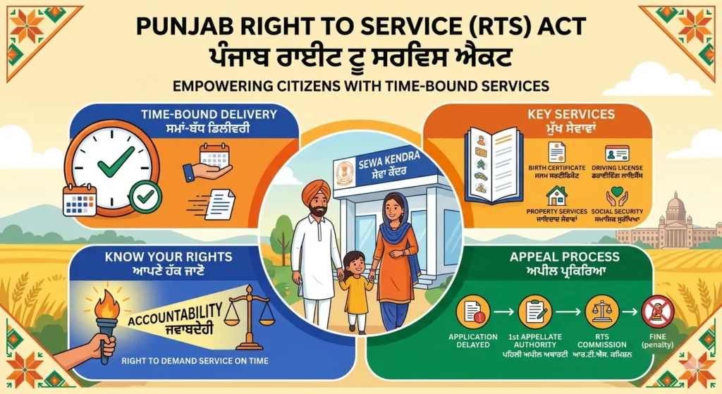 Punjab Right to Service (RTS) Act: ਜਾਣੋ ਆਪਣੇ Rights ਅਤੇ Government Services ਬਾਰੇ ਪੂਰੀ ਜਾਣਕਾਰੀ: An infographic illustration about the Punjab Right to Service (RTS) Act, showing a smiling Punjabi family outside a "Sewa Kendra" (Service Center) in Punjab. The image features distinct sections with clear icons and text in both English and Punjabi. The top section lists services: Birth Certificate (ਜਨਮ ਸਰਟੀਫਿਕੇਟ), Driving License (ਡਰਾਈਵਿੰਗ ਲਾਇਸੈਂਸ), Property Services (ਜਾਇਦਾਦ ਸੇਵਾਵਾਂ), and Social Security (ਸਮਾਜਿਕ ਸੁਰੱਖਿਆ). The bottom sections explain: "Time-Bound Delivery" (ਸਮਾਂ-ਬੱਧ ਡਿਲੀਵਰੀ) with a clock; "Appeal Process" (ਅਪੀਲ ਪ੍ਰਕਿਰਿਆ) with a step-by-step flow from 1st Appeal to RTS Commission; and "Penalty for Delay" (ਦੇਰੀ ਲਈ ਜੁਰਮਾਨਾ) with a red 'Fine' icon, all highlighting citizen empowerment. The entire image has a friendly, educational vector illustration style.
