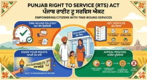 An infographic illustration about the Punjab Right to Service (RTS) Act, showing a smiling Punjabi family outside a "Sewa Kendra" (Service Center) in Punjab. The image features distinct sections with clear icons and text in both English and Punjabi. The top section lists services: Birth Certificate (ਜਨਮ ਸਰਟੀਫਿਕੇਟ), Driving License (ਡਰਾਈਵਿੰਗ ਲਾਇਸੈਂਸ), Property Services (ਜਾਇਦਾਦ ਸੇਵਾਵਾਂ), and Social Security (ਸਮਾਜਿਕ ਸੁਰੱਖਿਆ). The bottom sections explain: "Time-Bound Delivery" (ਸਮਾਂ-ਬੱਧ ਡਿਲੀਵਰੀ) with a clock; "Appeal Process" (ਅਪੀਲ ਪ੍ਰਕਿਰਿਆ) with a step-by-step flow from 1st Appeal to RTS Commission; and "Penalty for Delay" (ਦੇਰੀ ਲਈ ਜੁਰਮਾਨਾ) with a red 'Fine' icon, all highlighting citizen empowerment. The entire image has a friendly, educational vector illustration style.