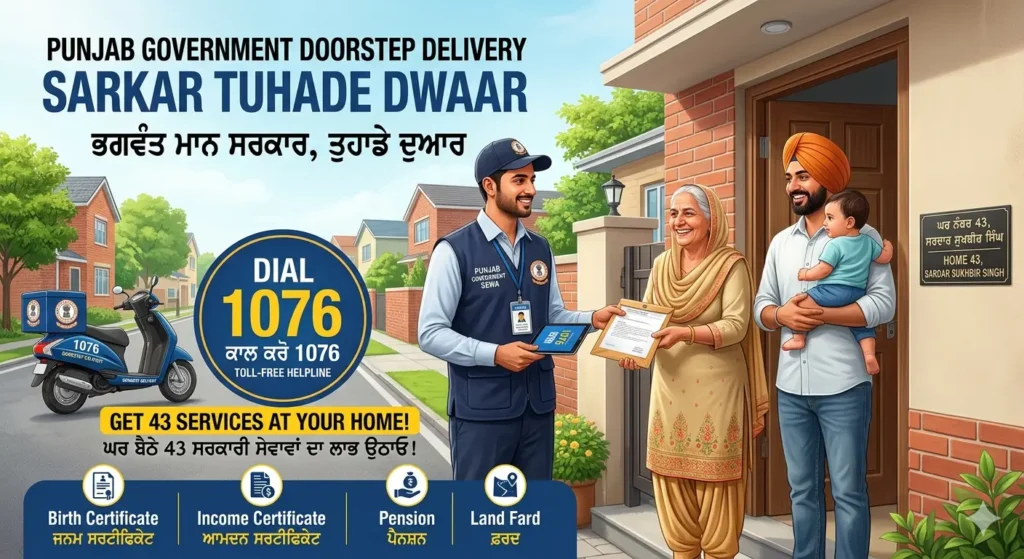 Punjab Govt Doorstep Service (1076 Helpline): ਘਰ ਬੈਠੇ 43 Government Services ਦਾ ਲਾਭ ਕਿਵੇਂ ਲਈਏ? ਪੰਜਾਬ ਸਰਕਾਰ ਦੀ ਡੋਰ ਸਟੈਪ ਡਿਲੀਵਰੀ ਸਰਵਿਸ 1076 ਦੀ ਜਾਣਕਾਰੀ ਦਿੰਦਾ ਹੋਇਆ ਗ੍ਰਾਫਿਕ ਪੋਸਟਰ