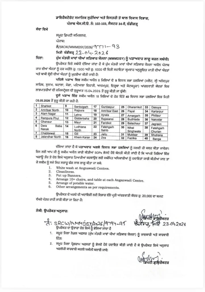 Official notification letter from Punjab Govt for Mukhyamantri Mawan Dhiyan Satkar Yojana (MMMDSY) Phase 2, showing the list of 40 constituencies for form filling.