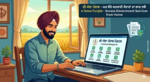 ਈ-ਸੇਵਾ ਪੰਜਾਬ ਪੋਰਟਲ ਦੀ ਵਰਤੋਂ ਕਰਦੇ ਹੋਏ ਪੰਜਾਬੀ ਮਰਦ ਦੀ ਆਧੁਨਿਕ ਡਿਜੀਟਲ ਤਸਵੀਰ, ਜੋ 'esewa.punjab.gov.in' 'ਤੇ ਆਨਲਾਈਨ ਸਰਕਾਰੀ ਸੇਵਾਵਾਂ ਲਈ ਅਪਲਾਈ ਕਰ ਰਿਹਾ ਹੈ।
