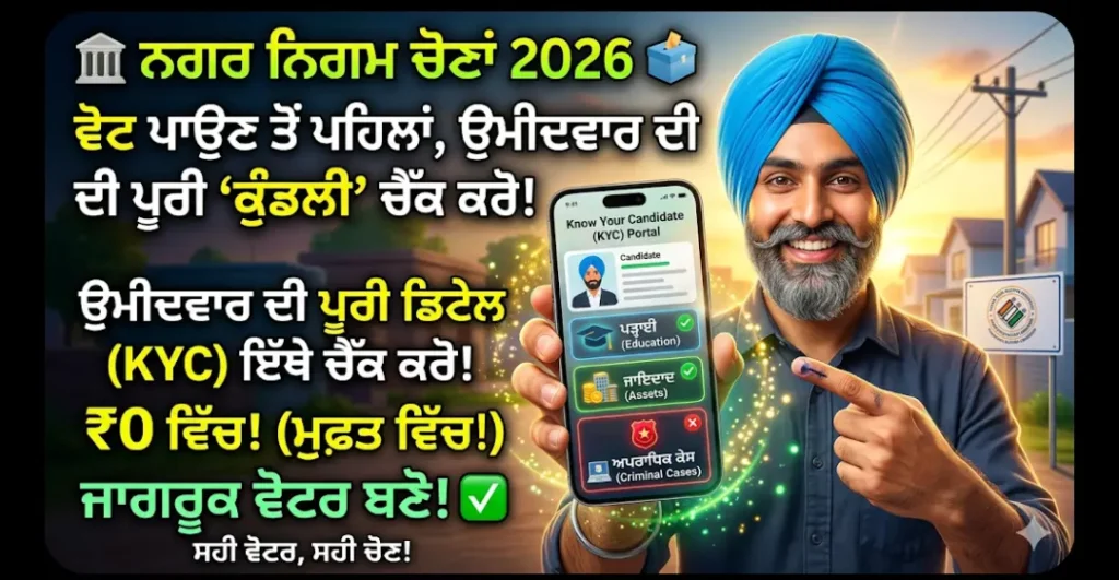 a professional high-contrast clickbait-style photograph of a smiling Punjabi Sikh man with a beard and a blue turban. He holds up a smartphone displaying a clean "Know Your Candidate (KYC) Portal" dashboard on the screen, showing icons for Education, Assets, and Criminal Cases, along with the correct details for an exemplary candidate. Large Gurmukhi text overlays read "🏛️ ਨਗਰ ਨਿਗਮ ਚੋਣਾਂ 2026 🗳️", "ਵੋਟ ਪਾਉਣ ਤੋਂ ਪਹਿਲਾਂ, ਉਮੀਦਵਾਰ ਦੀ ਪੂਰੀ 'ਕੁੰਡਲੀ' ਚੈੱਕ ਕਰੋ!", "ਉਮੀਦਵਾਰ ਦੀ ਪੂਰੀ ਡਿਟੇਲ (KYC) ਇੱਥੇ ਚੈੱਕ ਕਰੋ!", "₹0 ਵਿੱਚ! (ਮੁਫਤ ਵਿੱਚ!)", and "ਜਾਗਰੂਕ ਵੋਟਰ ਬਣੋ! ✔️". glowing effects around the phone and man. in the background is a stylized polling station in a clean Punjabi village at sunset, with a logo of 'Punjab State Election Commission'. professional youtube thumbnail style with high detail.