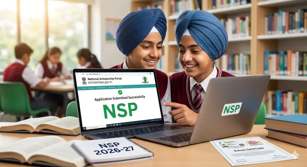 National Scholarship Portal (NSP) 2026-27: ਰਜਿਸਟ੍ਰੇਸ਼ਨ ਸ਼ੁਰੂ, ਜਾਣੋ ਕੌਣ ਅਤੇ ਕਿਵੇਂ ਕਰ ਸਕਦਾ ਹੈ ਅਪਲਾਈ? (ਪੂਰੀ ਜਾਣਕਾਰੀ) A Punjabi Sikh student with a turban using a laptop to successfully submit a National Scholarship Portal (NSP) application, showing a success message and prominent NSP logo. (ਇੱਕ ਪੰਜਾਬੀ ਸਿੱਖ ਵਿਦਿਆਰਥੀ ਪੱਗ ਬੰਨ੍ਹ ਕੇ ਲੈਪਟਾਪ ਰਾਹੀਂ ਨੈਸ਼ਨਲ ਸਕਾਲਰਸ਼ਿਪ ਪੋਰਟਲ (NSP) ਦੀ ਅਰਜ਼ੀ ਸਫਲਤਾਪੂਰਵਕ ਜਮ੍ਹਾਂ ਕਰਾਉਂਦੇ ਹੋਏ, ਜਿਸ ਵਿੱਚ ਸਫਲਤਾ ਦਾ ਸੰਦੇਸ਼ ਅਤੇ ਪ੍ਰਮੁੱਖ NSP ਲੋਗੋ ਦਿਖਾਈ ਦੇ ਰਿਹਾ ਹੈ।)