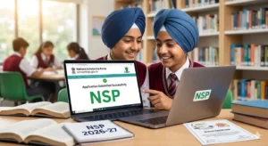 A Punjabi Sikh student with a turban using a laptop to successfully submit a National Scholarship Portal (NSP) application, showing a success message and prominent NSP logo. (ਇੱਕ ਪੰਜਾਬੀ ਸਿੱਖ ਵਿਦਿਆਰਥੀ ਪੱਗ ਬੰਨ੍ਹ ਕੇ ਲੈਪਟਾਪ ਰਾਹੀਂ ਨੈਸ਼ਨਲ ਸਕਾਲਰਸ਼ਿਪ ਪੋਰਟਲ (NSP) ਦੀ ਅਰਜ਼ੀ ਸਫਲਤਾਪੂਰਵਕ ਜਮ੍ਹਾਂ ਕਰਾਉਂਦੇ ਹੋਏ, ਜਿਸ ਵਿੱਚ ਸਫਲਤਾ ਦਾ ਸੰਦੇਸ਼ ਅਤੇ ਪ੍ਰਮੁੱਖ NSP ਲੋਗੋ ਦਿਖਾਈ ਦੇ ਰਿਹਾ ਹੈ।)
