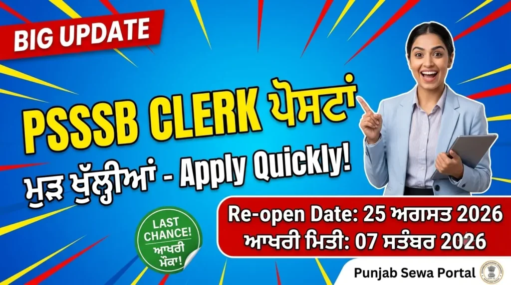 Punjab Govt Jobs: PSSSB Clerk Recruitment 2026 ਦਾ ਪੋਰਟਲ ਮੁੜ ਖੁੱਲ੍ਹਿਆ, ਇੱਥੇ ਕਰੋ Apply Online! PSSSB Clerk Recruitment 2026 Reopened Apply Online - Punjab Sewa Portal